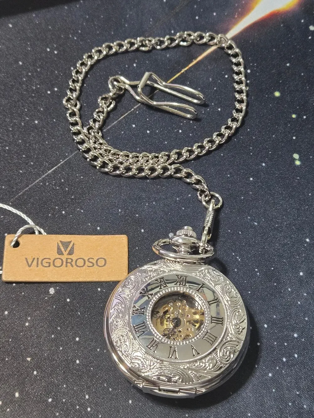 VIGOROSO Mechanical Skeleton Pocket Watch Silver Roman Numeral Chain New
